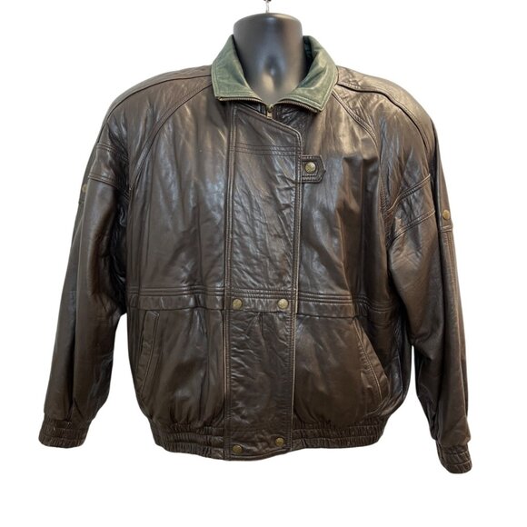 Gino Di Giorgio Leather Brown Jacket With Green Collar & Plaid Lining Sz M - Picture 1 of 7